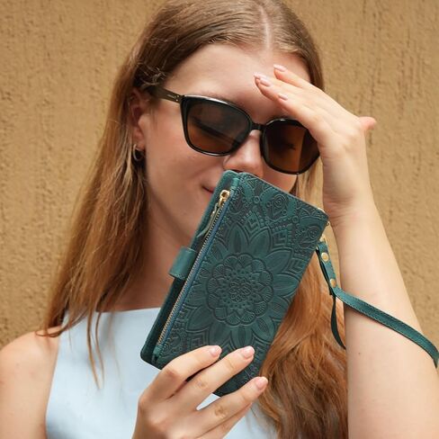 Harryshell Detachable Case Wallet Compatible with Samsung Galaxy S23 FE 5G Leather Case Cover with Cash Coin Zipper Pocket 12 Card Slots Holder Wrist Strap Lanyard (Flower Teal) in Saudi Arabia