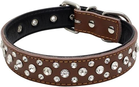 Rhinestones Dog Collar, Adjustable Sparkly Crystal Studded Genuine Leather Pet Dog Collar for Small and Medium Dogs (L, Black) in Saudi Arabia