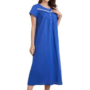 QRRLUEN Women's Nightgown Short Sleeve Cotton Mid Length Sleepwear Soft Comfy Button Loungewear Night Dress