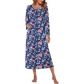 Ekouaer Women Long House Coat Zipper Front Robes Full Length Nightgowns with Pockets Striped Loungewear S-4XL
