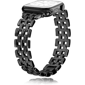 Metal Watch Band Compatible with Apple Watch 38mm 40mm 41mm 42mm 44mm 45mm 49mm, Dressy Strap with V-Shape Debossed Design for Women Men, Pretty Shiny Look