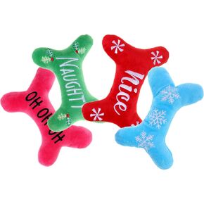 Bone Shape Dog Christmas Toy - 4 Pack Plush Puppy Squeaky Holiday Toys