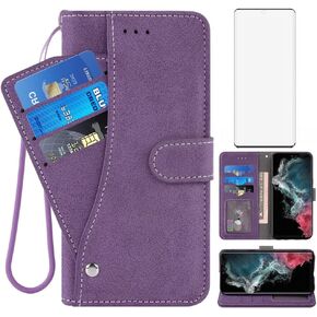Asuwish Compatible with Samsung Galaxy S22 Ultra 5G Wallet Case and Tempered Glass Screen Protector Flip Credit Card Holder Cell Accessories Phone Cover for Gaxaly S22ultra 22S S 22 22ultra G5 Purple