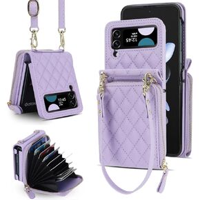 XIZYO for Samusng Galaxy Z Flip 4 Case, Wallet Crossbody Cute Case with Card Holder Slot, Zipper Handbag Strap Lanyard Wrist Leather Case for Women Girl Shockproof Bumper Cover, Brown