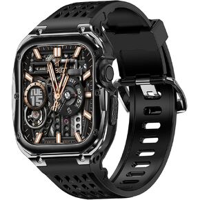 MOFREE Stainless Steel Case with Band Compatible with Apple Watch Band 45mm 44mm, Men Rugged TPU Sport Strap with Metal Protector Bumper Case for iWatch Bands Series 9/8/SE2/7/6/SE/5/4