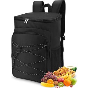 Oxford Cloth Insulated Backpack, Black Large Capacity Water Resistant Leak Proof Cooler Backpack with Side Pockets for Camping 29x19x42cm