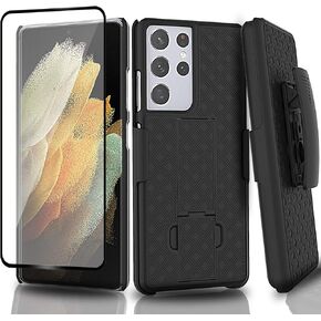Ailiber Samsung Galaxy S21 Ultra 5G Case Holster, Galaxy S21 Ultra Screen Protector, Swivel Belt Clip Kickstand Holder,Slim Durable Armor Shell Protective Pouch Cover for Samsung S21 Ultra 6.8in-Black