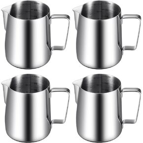 Dandat 4 Pcs Milk Frothing Pitcher Espresso Steaming Pitchers 12 Oz Stainless Steel Milk Frother Cup Milk Frother Steamer Cup Frother Jug for Espresso, Latte Art, Chai Cappuccino Hot Chocolate