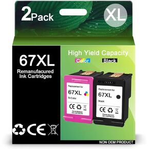 67XL Ink Cartridge Black and Color Remanufactured Ink 67 Combo Pack Replacement for HP DeskJet 2700 2755 1255 4140 4155 Envy 6055 6000 Pro 6400 6455 6458 Printer (1 Black, 1 Tri-Color)