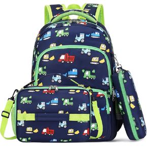 MIRLEWAIY 15.7 inch Cute Cartoon Blue Car and Airplane School bag Bookbag Children Backpack 3 Pcs Set Student Daypack With Lunch Box for boys