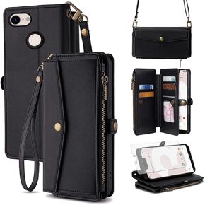 Asuwish Phone Case for Google Pixel 3 XL Zipper Wallet Cover with Screen Protector and Leather Card Holder Slot Kickstand Wrist Strap Cell Accessories Flip Pixel3XL Pixel3 LX Pixle 3XL Women Men Red