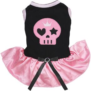 Petitebella Pink Skull Face Puppy Dog Dress (Black/Silver Halloween, Small)
