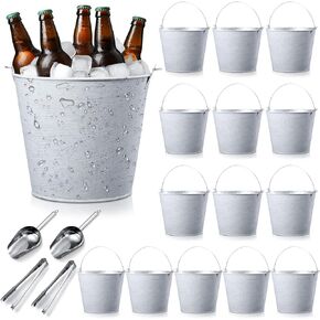 Zopeal 16 Pcs Galvanized Beer Bucket Metal Ice Buckets with Shovels and Tongs Large Steel Pail Tin with Handle for Party Wedding Wine Champagne Bar Kitchen Christmas Table Centerpieces