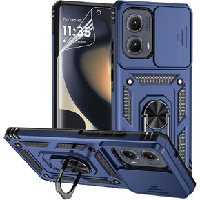 for Motorola Edge 2024 Case with Camera Lens Cover Screen Protector, Dual Layer Military-Grade Drop Tested Magnetic Ring Holder Kickstand Protective Phone Case for Motorola Moto Edge 2024 (Navy Blue)