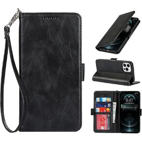 for iPhone 12 Case,iPhone 12 Pro Case,Cowhide Pattern Leather Magnetic Book Wallet Case Stand Holder Flip Cover with Card Slots/Cash Compatible with iPhone 12/12 Pro(6.1")-Black