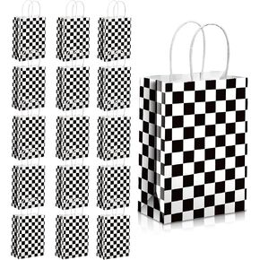Epakh 16 Pieces Checkered Racing Treat Bags Race Car Party Favors Bag with Handles Black and White Checkered Racing Flag Candy Bags Goodie Bags for Race Car Themed Birthday Party Supplies