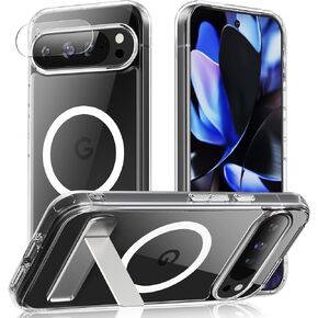 Magnetic for Google Pixel 9 Pro XL Case with Kickstand, Compatible with MagSafe, Camera Lens Protector, Military-Grade Drop Protection, Yellowing Resistant, Shockproof Slim Case, Clear