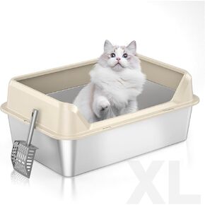 Stainless Steel Litter Box with Lid,Metal Litter Box for Big Cats,Extra Large Litter Box with High Sided,XL Cat Litter Box,Non-Sticky,Anti-Leakage,Easy to Clean (Grey)