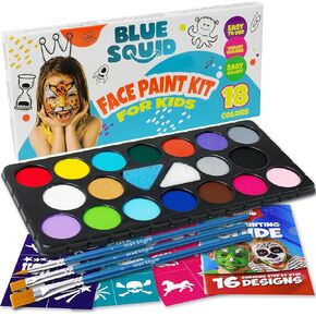 Blue Squid Face Painting Kit for Kids – 18 Colors Ultimate Face Paint Kit, Stencils, Safe for Sensitive Skin, Non Toxic Face Painting Kit Professional - Kids Party, Halloween Makeup Kit