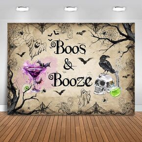 Mocsicka Halloween Boos and Booze Backdrop Halloween Adult Cocktails Party Background Gothic Skeleton Spider Bat Halloween Adult Birthday Skull Prom Party Decorations Photo Booth Props (5x3ft)