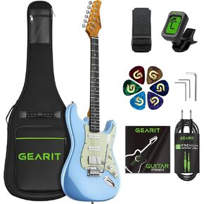GearIT Professional Electric Guitar (Premium Ash Tonewood), GST-200 SoCal Series, 39in Full-Size, HSS Pickups with Coil Split, Round Frets, Genuine Rosewood Fretboard, Accessories - Blue