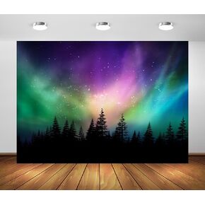 BELECO 7x5ft Fabric Colorful Northern Lights Backdrop Canadian Forest Aurora Borealis Night Sky Background Pine Trees Forest Polar Lights Backdrop Home Decor Photo Booth Studio Props