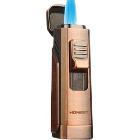 Torch Lighter Triple Jet Flame Cigar Lighter with Gas Window, Cigar Punch, Adjustable Refillable Butane Gas Windproof Lighters (Bronze)