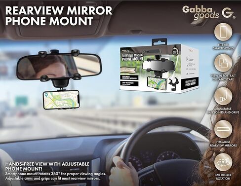 Gabba Goods حامل هاتف مرآة الرؤية الخلفية 360 درجة للسيارة، حامل الهاتف، حامل الهاتف الخليوي القابل للدوران لمعظم الهواتف المحمولة مقاس 4-7 بوصة، ملحقات السيارة المتوافقة مع معظم الهواتف الذكية in Kuwait