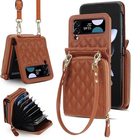 XIZYO for Samusng Galaxy Z Flip 4 Case, Wallet Crossbody Cute Case with Card Holder Slot, Zipper Handbag Strap Lanyard Wrist Leather Case for Women Girl Shockproof Bumper Cover, Brown in Saudi Arabia