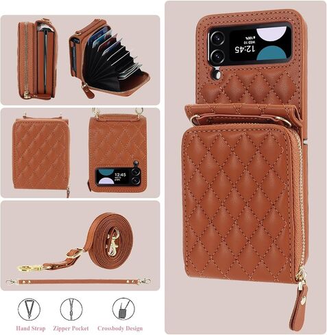 XIZYO for Samusng Galaxy Z Flip 4 Case, Wallet Crossbody Cute Case with Card Holder Slot, Zipper Handbag Strap Lanyard Wrist Leather Case for Women Girl Shockproof Bumper Cover, Brown in Saudi Arabia