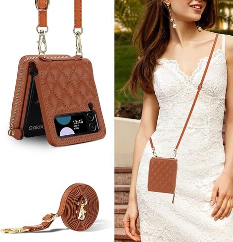 XIZYO for Samusng Galaxy Z Flip 4 Case, Wallet Crossbody Cute Case with Card Holder Slot, Zipper Handbag Strap Lanyard Wrist Leather Case for Women Girl Shockproof Bumper Cover, Brown in Saudi Arabia