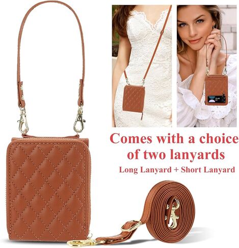 XIZYO for Samusng Galaxy Z Flip 4 Case, Wallet Crossbody Cute Case with Card Holder Slot, Zipper Handbag Strap Lanyard Wrist Leather Case for Women Girl Shockproof Bumper Cover, Brown in Saudi Arabia