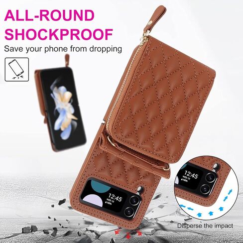 XIZYO for Samusng Galaxy Z Flip 4 Case, Wallet Crossbody Cute Case with Card Holder Slot, Zipper Handbag Strap Lanyard Wrist Leather Case for Women Girl Shockproof Bumper Cover, Brown in Saudi Arabia