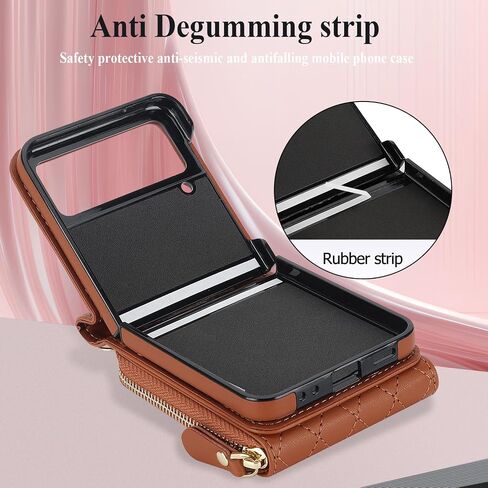 XIZYO for Samusng Galaxy Z Flip 4 Case, Wallet Crossbody Cute Case with Card Holder Slot, Zipper Handbag Strap Lanyard Wrist Leather Case for Women Girl Shockproof Bumper Cover, Brown in Saudi Arabia