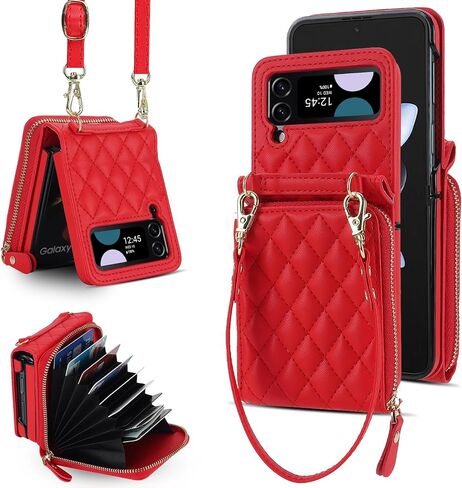 XIZYO for Samusng Galaxy Z Flip 4 Case, Wallet Crossbody Cute Case with Card Holder Slot, Zipper Handbag Strap Lanyard Wrist Leather Case for Women Girl Shockproof Bumper Cover, Brown in Saudi Arabia