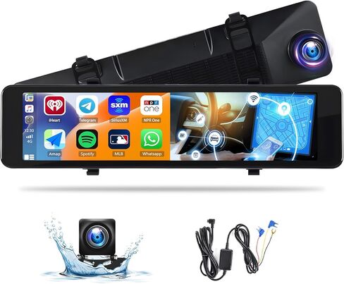 كاميرا قياس 11.26 بوصة بدقة 4K مرآة داش كام لاسلكية Carplay Android Auto، شاشة لمس IPS أمامية وخلفية كاميرا مزدوجة للسيارات والشاحنات، التحكم بالصوت/بلوتوث/مساعد ركن السيارة/شاشة منسكبة/رؤية ليلية/تسجيل حلقي in Kuwait