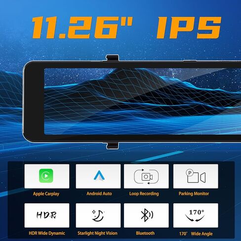 كاميرا قياس 11.26 بوصة بدقة 4K مرآة داش كام لاسلكية Carplay Android Auto، شاشة لمس IPS أمامية وخلفية كاميرا مزدوجة للسيارات والشاحنات، التحكم بالصوت/بلوتوث/مساعد ركن السيارة/شاشة منسكبة/رؤية ليلية/تسجيل حلقي in Kuwait