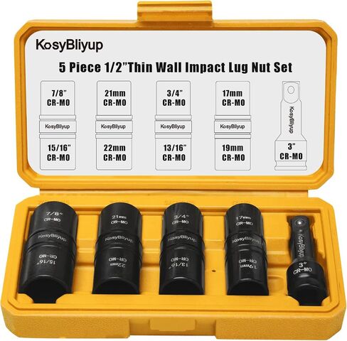 5 Pcs 1/2" Drive Impact Lug Nut Socket Set, Non-Marring Thin Wall Deep Socket Set, Metric, 15mm, 17mm, 19mm, 21mm, 22 mm, 6 Point, CR-MO, Color-Coded Wheel Protector Impact Socket Set in Saudi Arabia