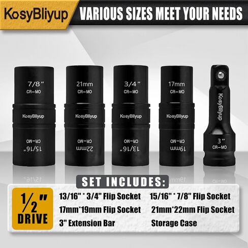 5 Pcs 1/2" Drive Impact Lug Nut Socket Set, Non-Marring Thin Wall Deep Socket Set, Metric, 15mm, 17mm, 19mm, 21mm, 22 mm, 6 Point, CR-MO, Color-Coded Wheel Protector Impact Socket Set in Saudi Arabia