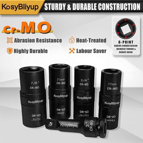 5 Pcs 1/2" Drive Impact Lug Nut Socket Set, Non-Marring Thin Wall Deep Socket Set, Metric, 15mm, 17mm, 19mm, 21mm, 22 mm, 6 Point, CR-MO, Color-Coded Wheel Protector Impact Socket Set in Saudi Arabia