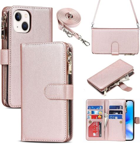 iCoverCase Compatible with iPhone 14 Plus Crossbody Case with Strap for Women, Wallet Phone Case with Card Holder, Zipper Purse PU Leather Flip Cover Case 6.7 Inch (Rose Gold) in Saudi Arabia