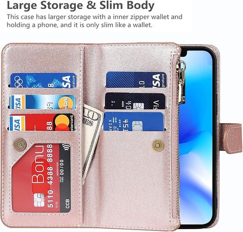 iCoverCase Compatible with iPhone 14 Plus Crossbody Case with Strap for Women, Wallet Phone Case with Card Holder, Zipper Purse PU Leather Flip Cover Case 6.7 Inch (Rose Gold) in Saudi Arabia