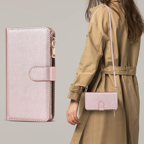 iCoverCase Compatible with iPhone 14 Plus Crossbody Case with Strap for Women, Wallet Phone Case with Card Holder, Zipper Purse PU Leather Flip Cover Case 6.7 Inch (Rose Gold) in Saudi Arabia