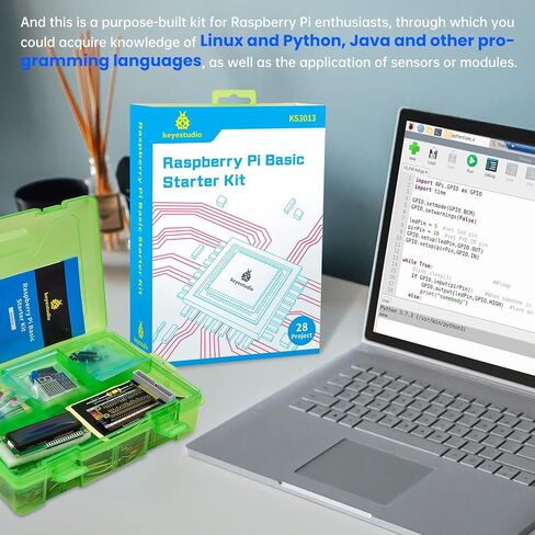 KEYESTUDIO مجموعة المبتدئين الأساسية لـ Raspberry Pi 4 3 3B/2B/B+، مع البرامج التعليمية C+ Python Java Code، لوحة الخبز الإلكترونية بدون لحام LCD لمستوى المياه وبرمجة مستشعر الغاز in Kuwait