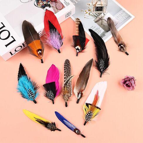 12Pcs Hat Feathers, Assorted Natural Feathers for Hats Colorful Real Feathers Pin for DIY Craft, Men Women Cowboy Hats, Fedora, Party Hats,Oktoberfest (12 Style) in Saudi Arabia