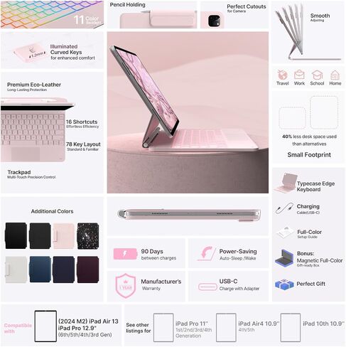 typecase Edge Keyboard Case for 2024 iPad Air 13-inch (M2) and iPad Pro 12.9,11-Colors Backlight,Built-in Trackpad,Function Row,Light & Thin,Light Pink in Kuwait