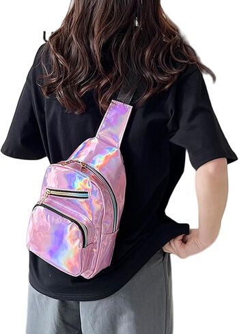 Metallic Chest Bag for Women Men Holographic Sling Bag Unisex Laser Sport Daypack Leather Shiny Crossbody Shoulder Bag in Kuwait