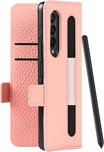 تصميم محفظة للهاتف لهاتف Samsung Galaxy Z Fold3 5G مع حامل قلم S و9 حامل بطاقات و1 محفظة للعملات المعدنية بسحاب 2 فتحة للنقود ومسند وحبل وغطاء جلدي أسود in Kuwait