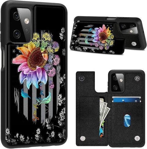 for Motorola Moto G Power 2023 5G Case Wallet with Card Holder, Flip Leather Case Built-in Card Slots Kickstand Shockproof Cover for Moto G Power 2023 5G, Sunflower Sugar Skulls US Flag in Kuwait