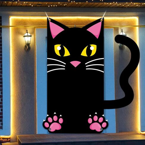 Large Halloween Black Cat Backdrop Door Decorations Halloween Scary Black Cat Door Cover Background Cat Hanging Fabric Banner Poster for Outdoor Indoor Halloween Eve Porch Wall Supplies 6 x 4.6 ft in Saudi Arabia